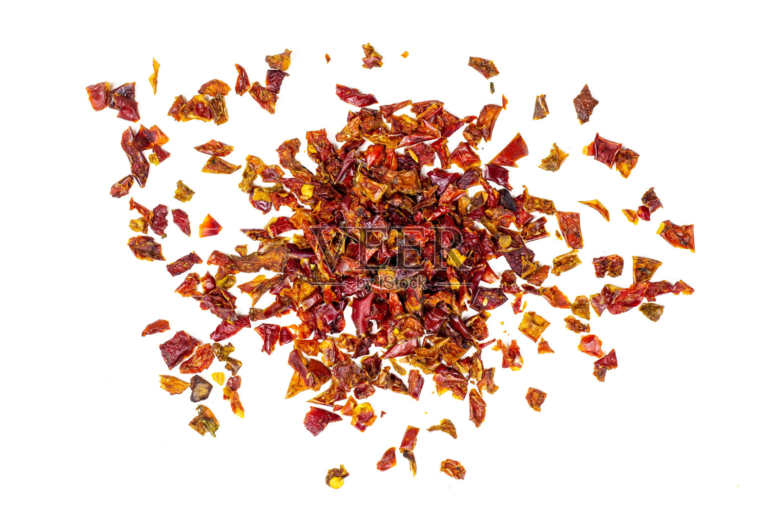 顶视图的干红辣椒片孤立在白色的背景照片摄影图片