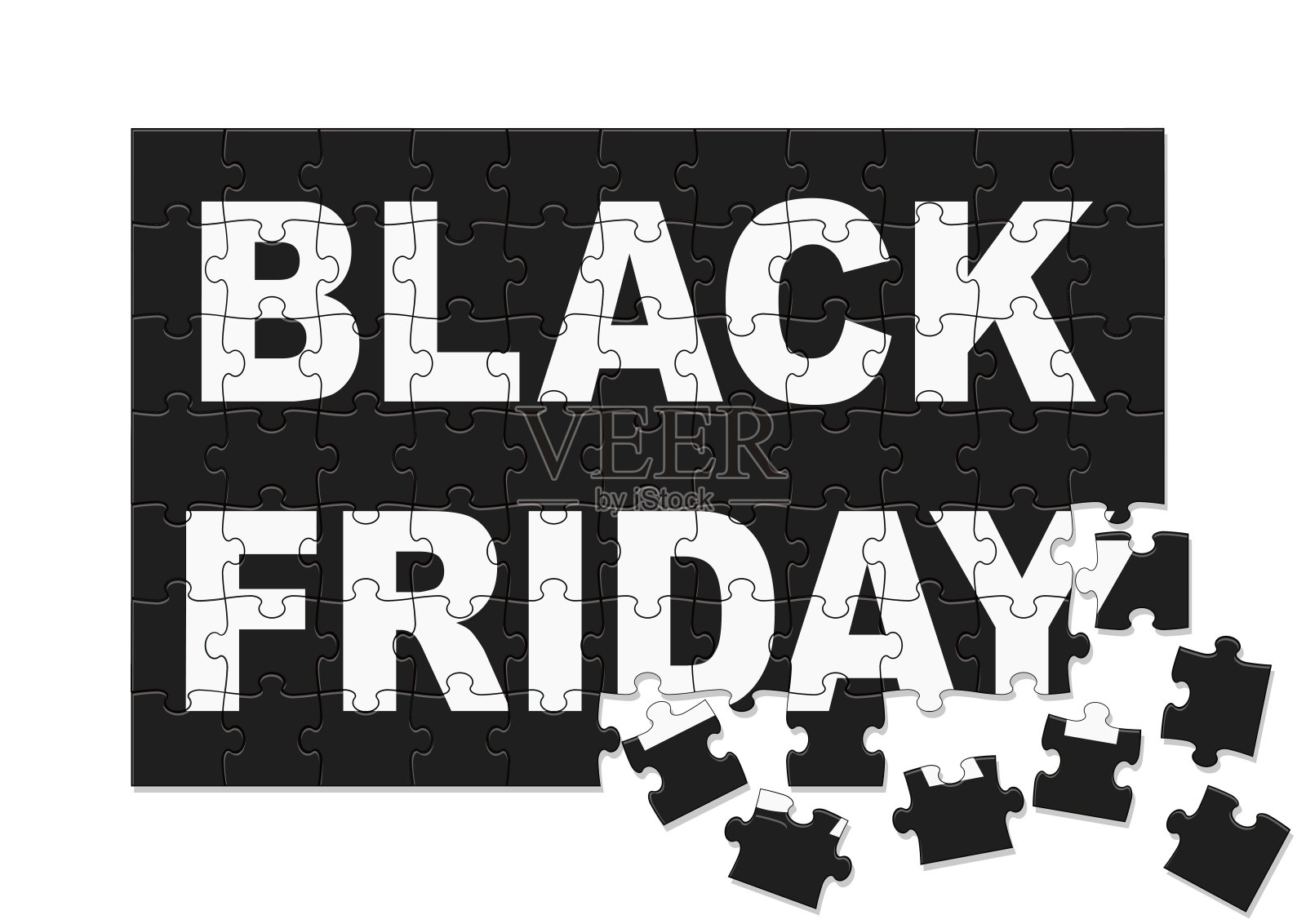 黑色星期五销售矢量符号由在白色背景上的拼图块制成。插画图片素材