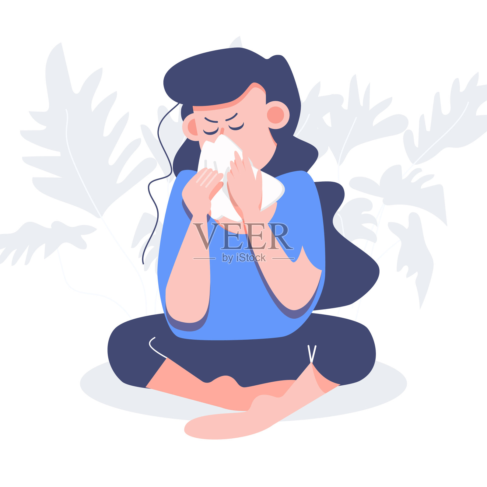 一个女人坐在地板上，用白布遮盖她的咳嗽设计元素图片