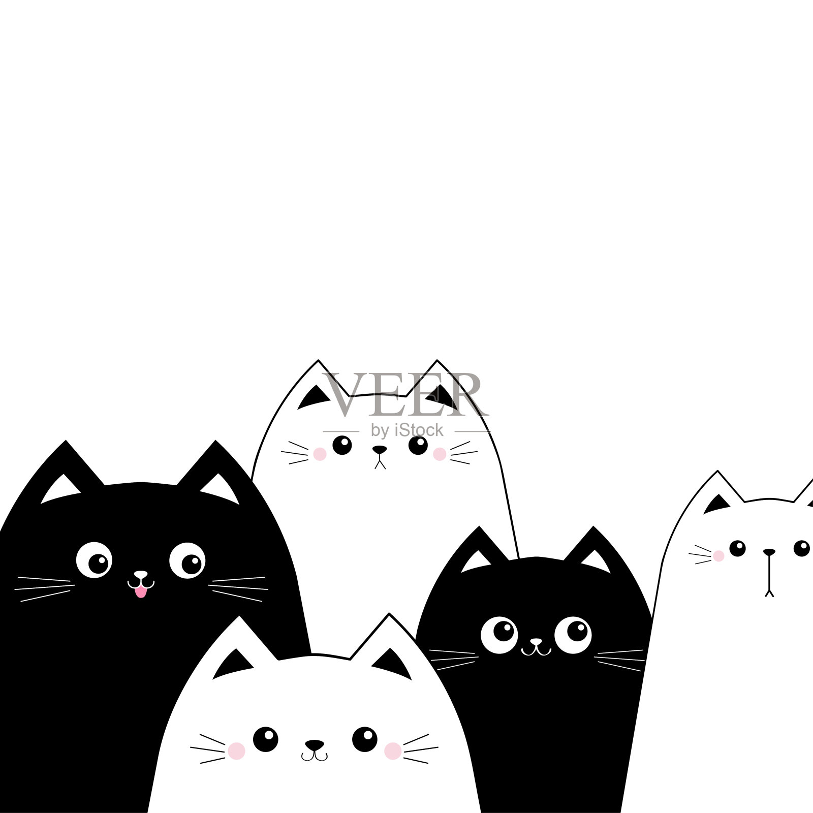 黑白猫头脸套。北欧风格。可爱的卡通有趣的婴儿宠物角色。贺卡笔记本封面t恤贴纸模板打印。平面设计。白色背景。孤立。插画图片素材