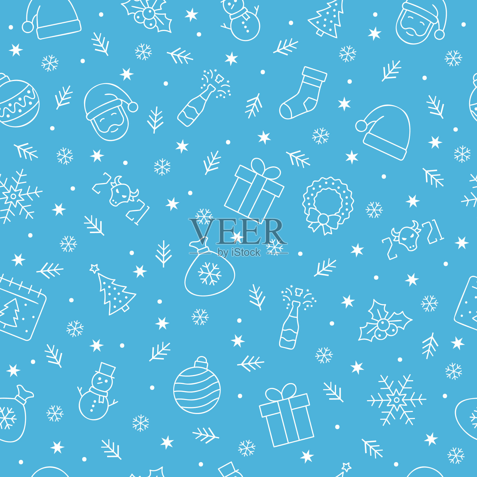 圣诞图标无缝图案，圣诞饰品，圣诞和新年的无缝图案在蓝色的背景。插画图片素材