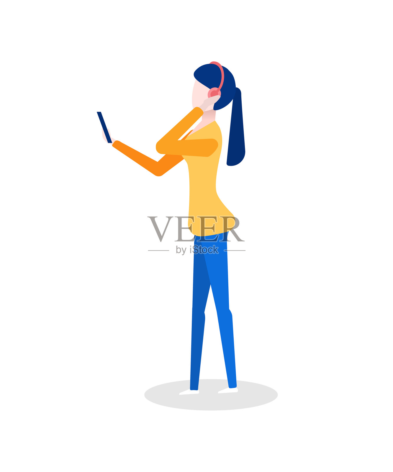 女性戴着耳机听智能手机插画图片素材