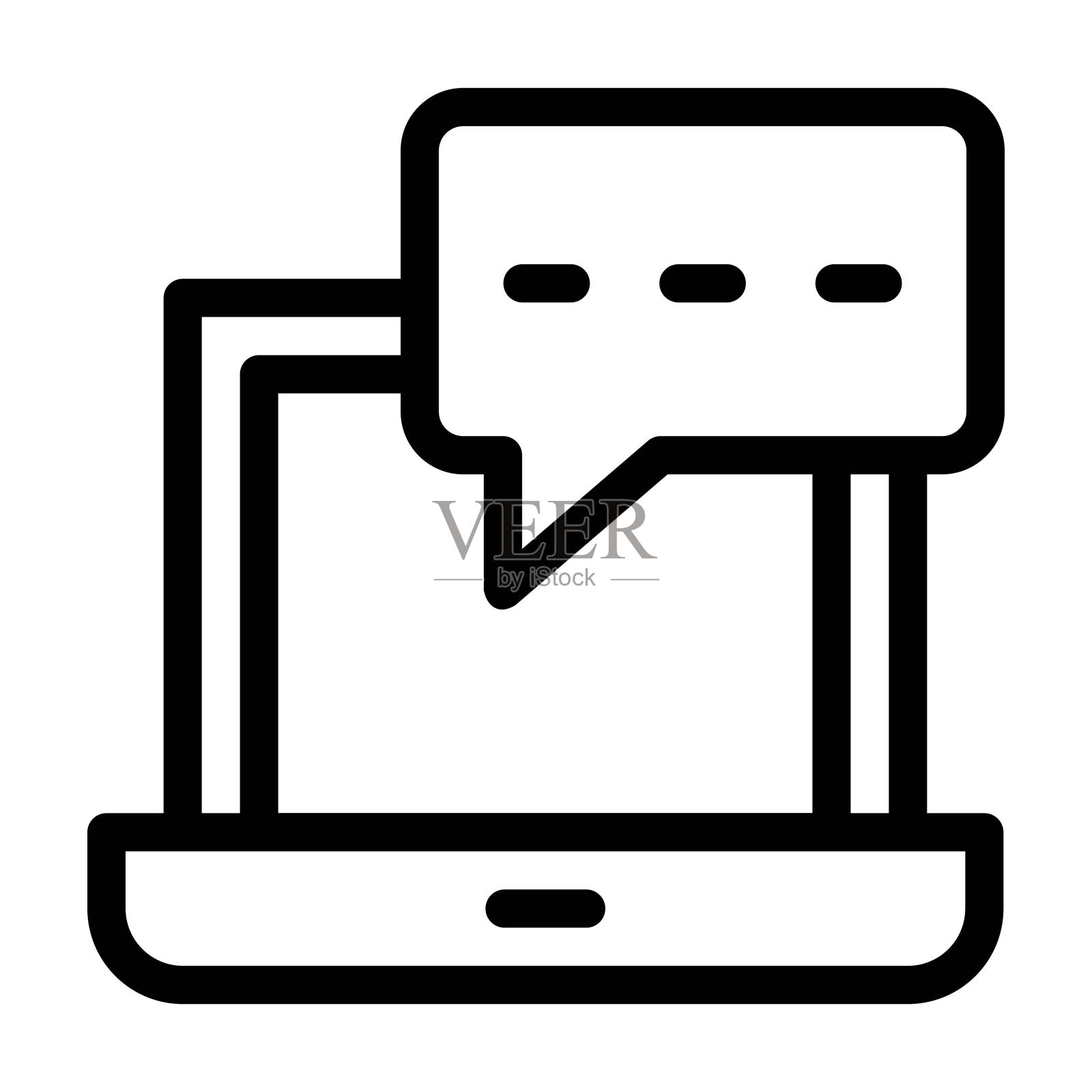 笔记本电脑与语音气泡图标在线条风格。聊天的迹象。在线交流，消息图标。插画图片素材