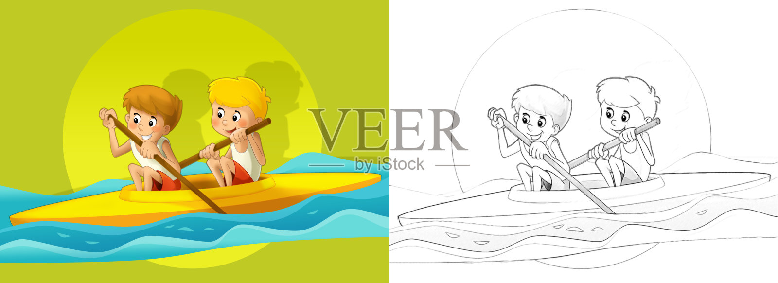 卡通素描场景与孩子训练做一些运动插图的孩子插画图片素材