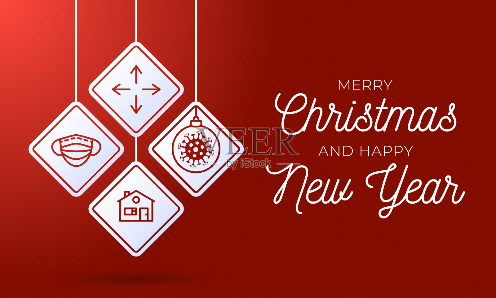 设置圣诞冠状病毒路标。圣诞菱形冠状病毒细菌细胞图标，2019-nCoV在交通警告标志。COVID-19、MERS-Cov、新型冠状病毒警示标志。矢量图设计模板素材