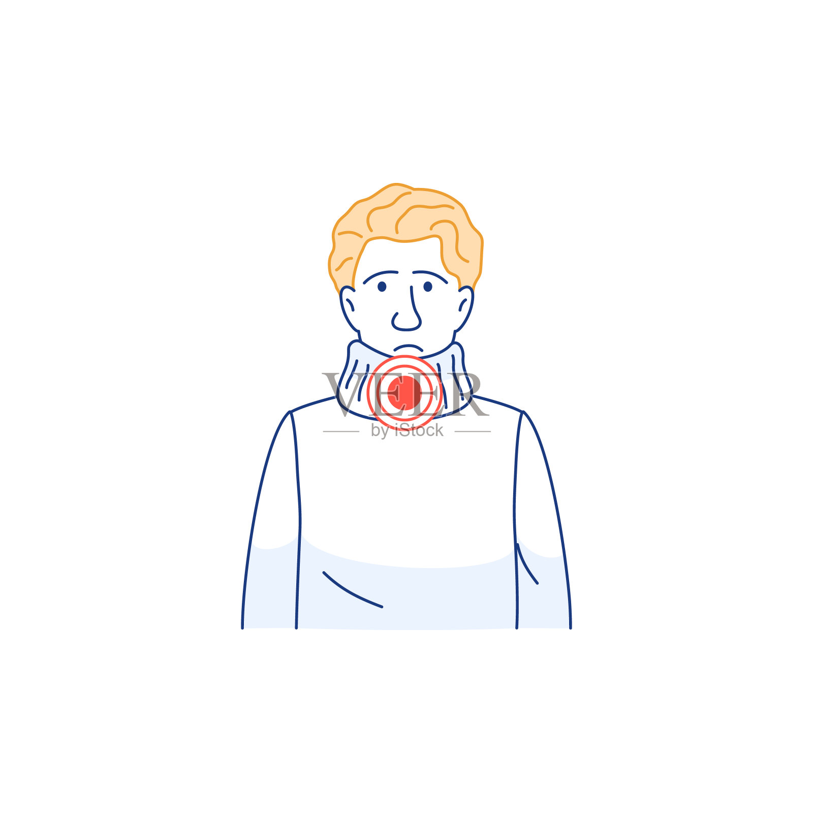 喉咙痛，吞咽困难细线象。年轻男子阿凡达病喉隔离白色。流感普通感冒流感感染疾病症状概要医学媒介说明插画图片素材