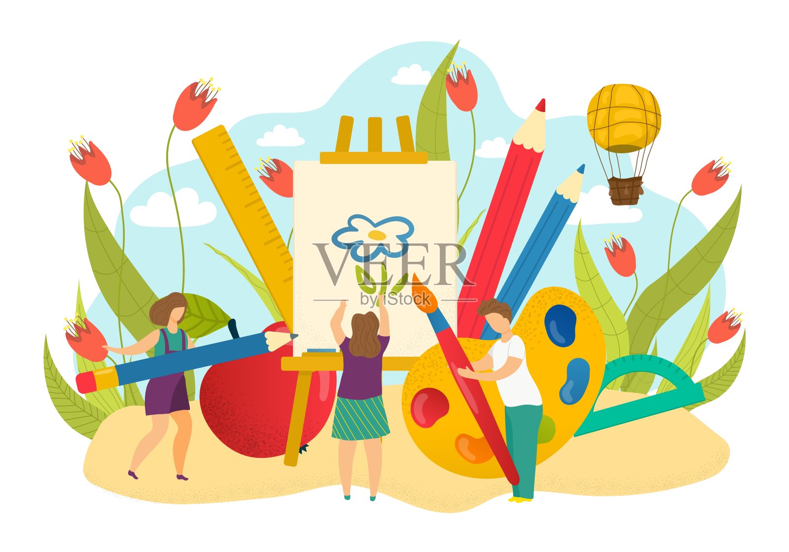 创意儿童卡通绘画艺术，矢量插画。女孩用纸男孩人童心，快乐教育创造力。插画图片素材