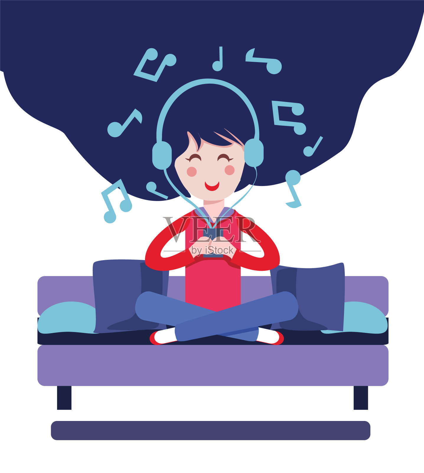 快乐女生戴着耳机听音乐插画图片素材
