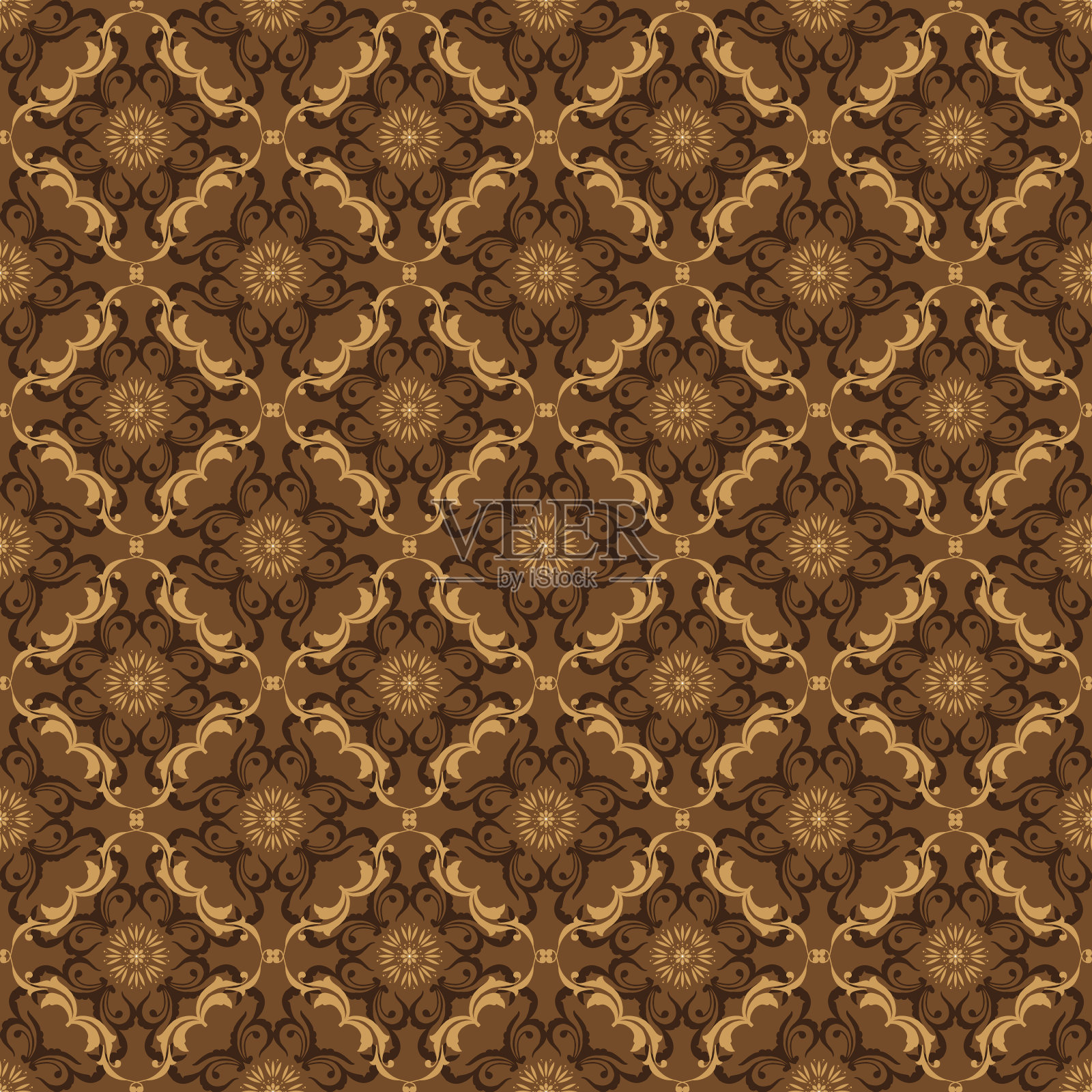 中爪哇蜡染古典图案与深棕色和优雅的花朵图案。插画图片素材