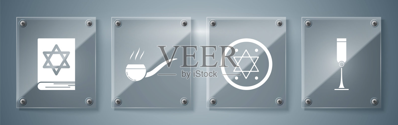 摆放犹太高脚杯，犹太硬币，有烟的烟斗和犹太律法书。方形玻璃面板。向量插画图片素材