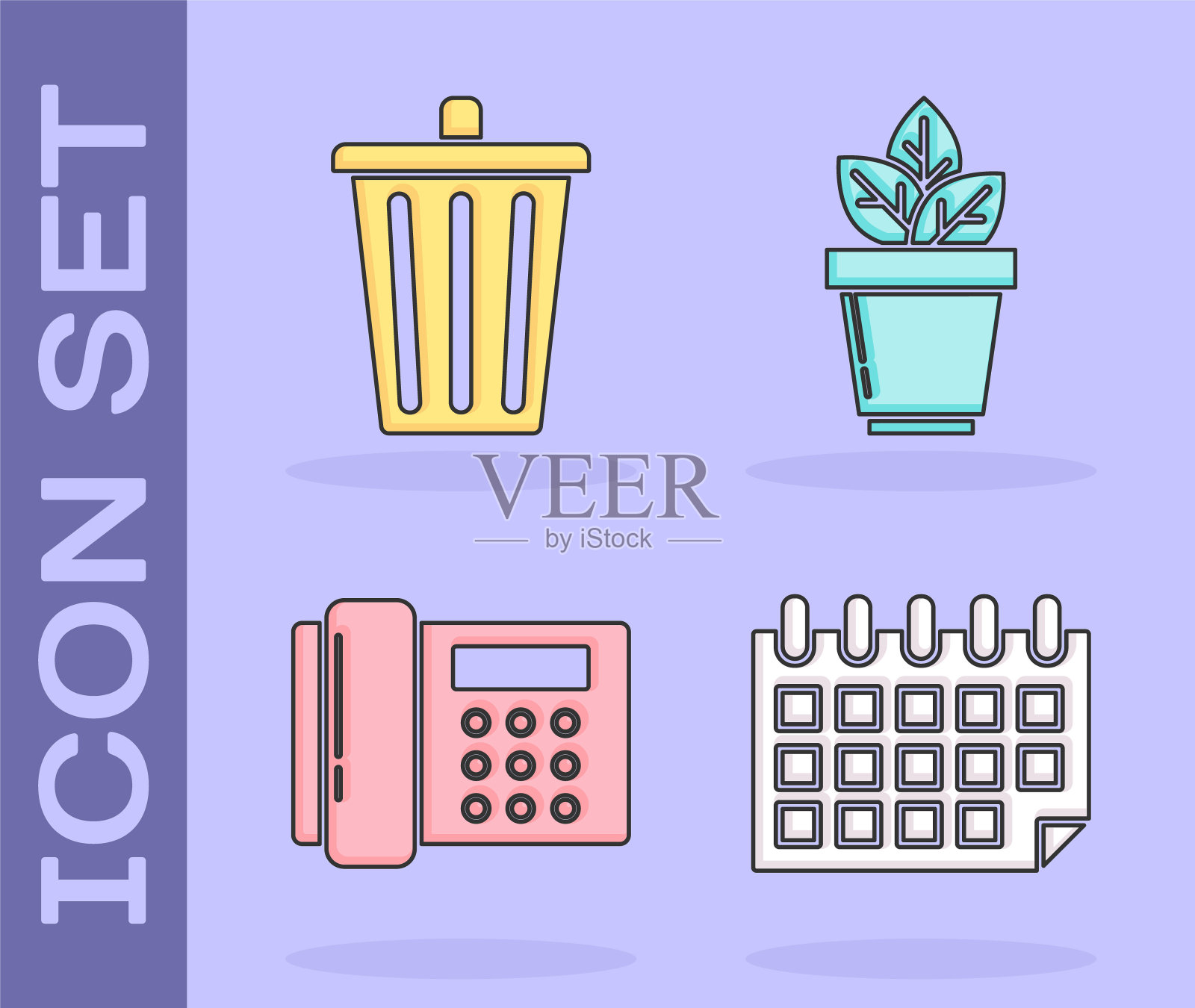 设置日历，垃圾桶，电话和花在花盆图标。向量图标素材