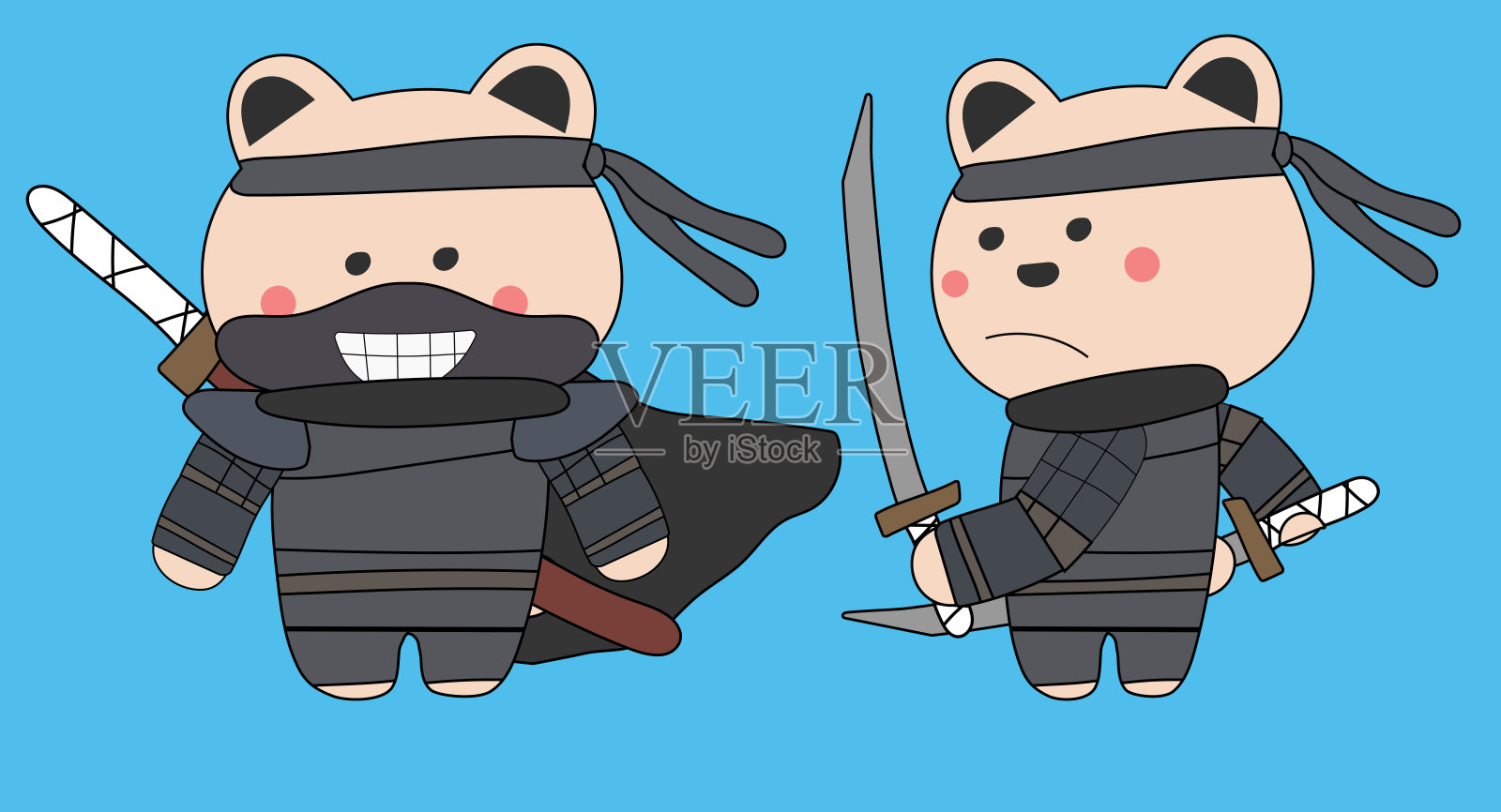 熊在武士盔甲涂鸦艺术风格插画图片素材