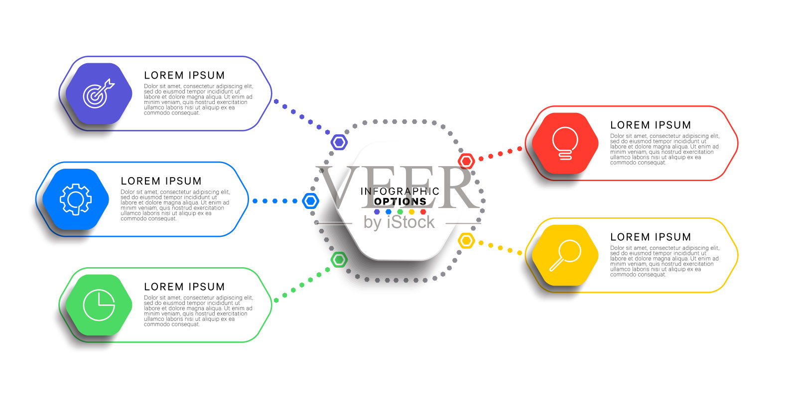 5步信息图表模板与现实的六角形元素在白色的背景。业务过程图。公司演示幻灯片模板。现代矢量信息图形布局设计。每股收益10插画图片素材