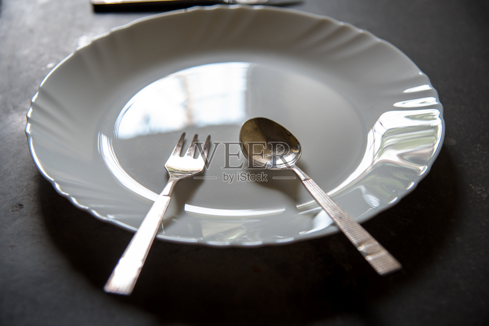 用叉子和勺子靠近空盘子照片摄影图片