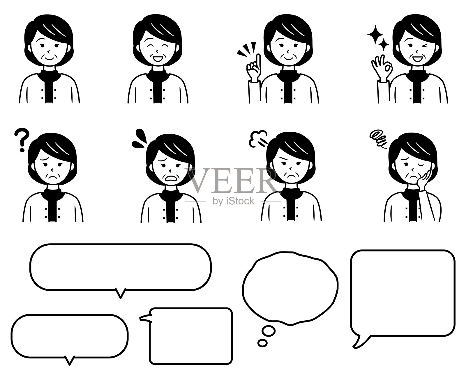 黑白老年妇女的上半身图标和讲话气球插画图片素材