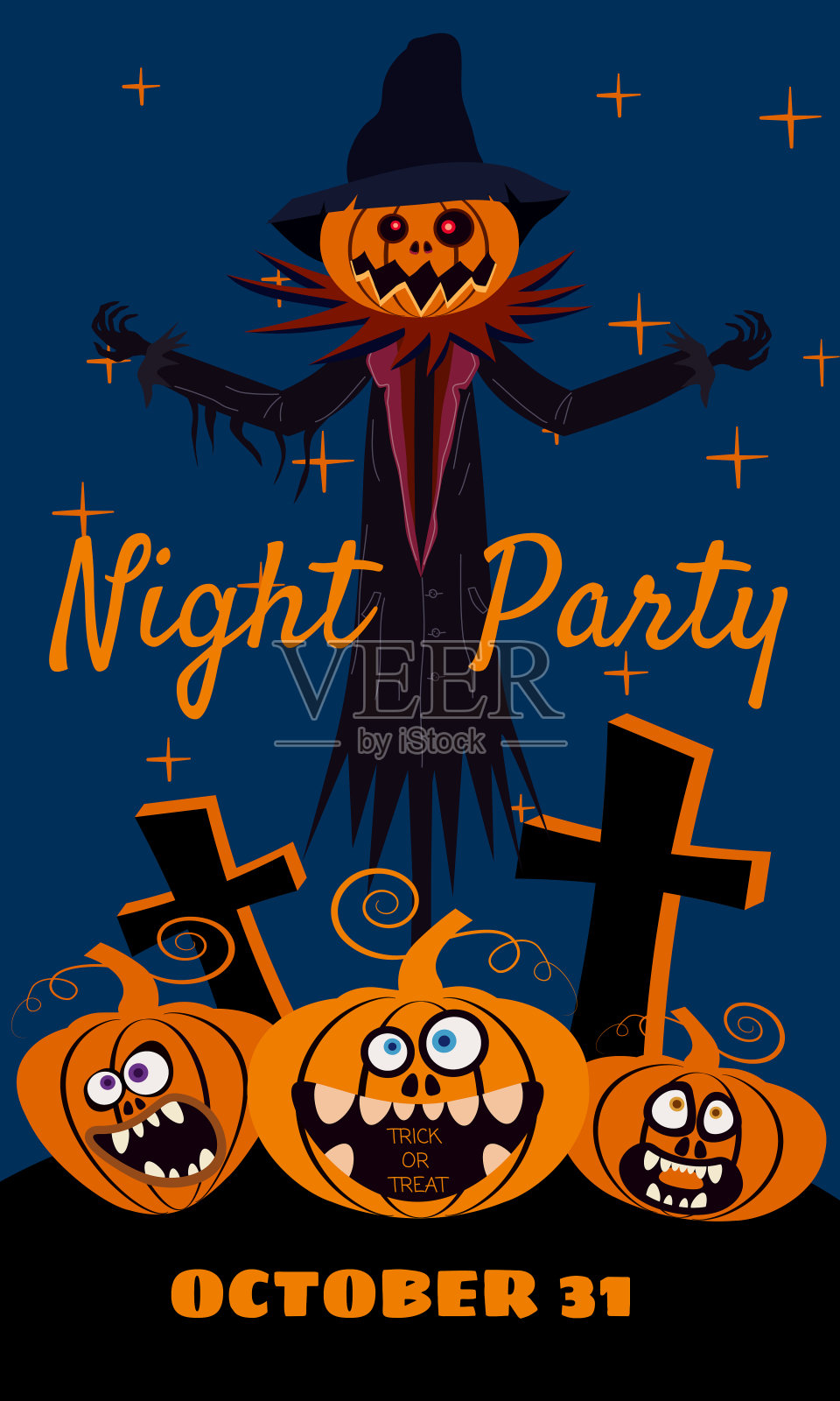 稻草人的角色在万圣节的墓地用一个南瓜灯头穿破外套。孤立在白色背景卡通风格设计模板素材