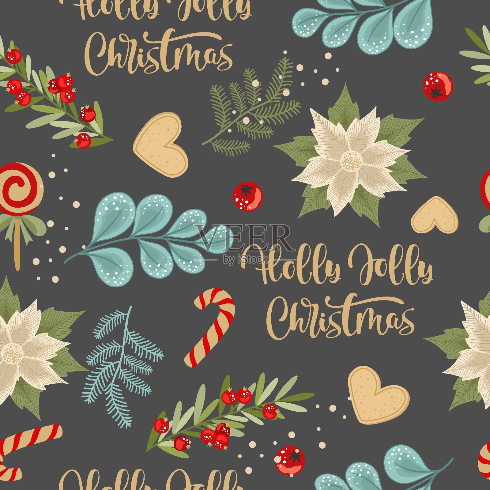 圣诞和新年节日无缝图案包装纸或织物与不同的元素。时尚复古的风格。插画图片素材