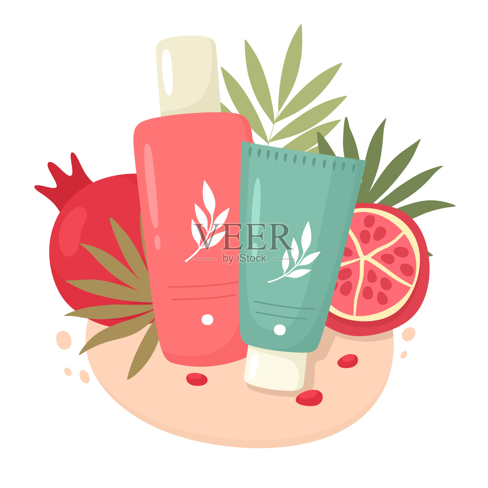 含有石榴提取物的化妆品。爽肤水、面霜或面膜。石榴种子。皮肤护理。矢量插图在平面风格。插画图片素材