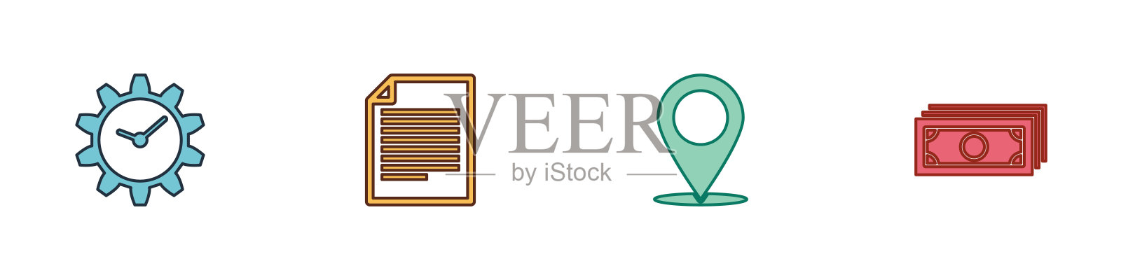 设置时间管理，文件，地图别针和堆栈纸币现金图标。向量图标素材