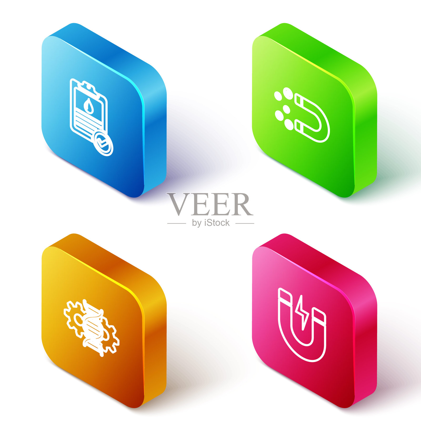 设置等距线剪贴板血液测试，磁铁金钱，基因编辑和闪电图标。向量图标素材