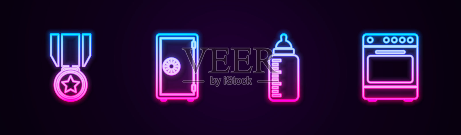 设置星，安全，婴儿奶瓶和烤箱线奖章。发光的霓虹灯图标。向量插画图片素材