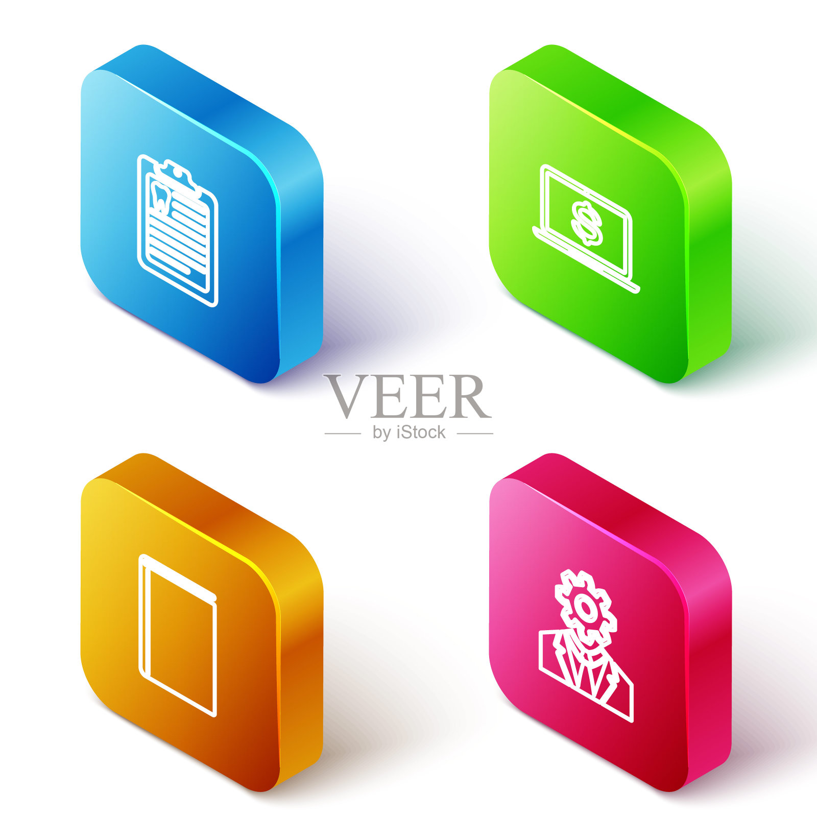 设置等距线剪贴板与牙科卡，笔记本电脑美元，书和头部齿轮内的图标。向量图标素材