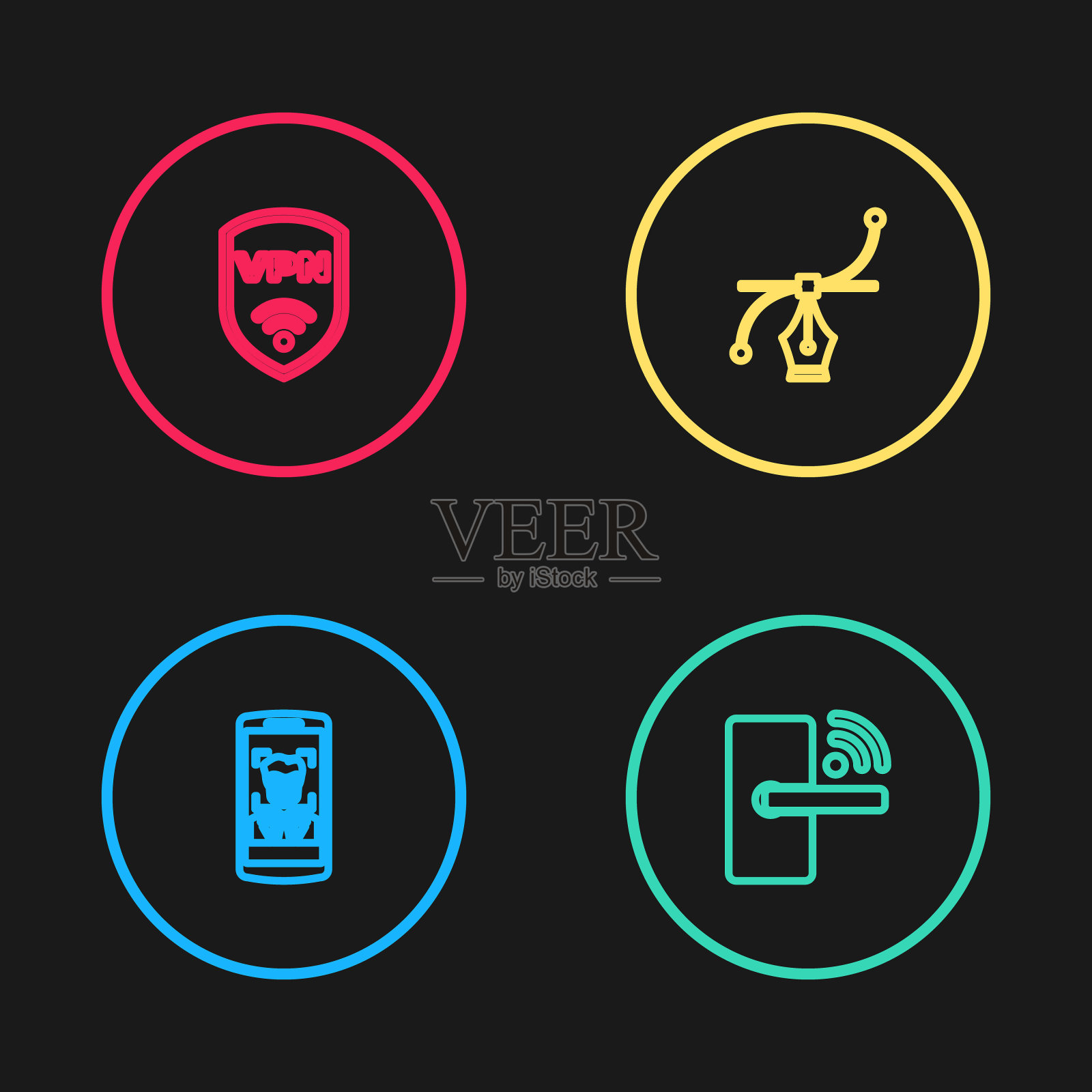 设有手机和人脸识别，无线数字门锁，贝塞尔曲线和盾VPN图标。向量图标素材