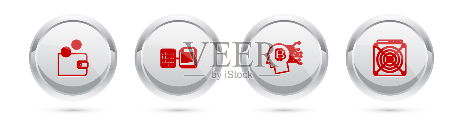 设置加密货币钱包，智能合约，比特币思维和ASIC矿工。银圈按钮。向量插画图片素材