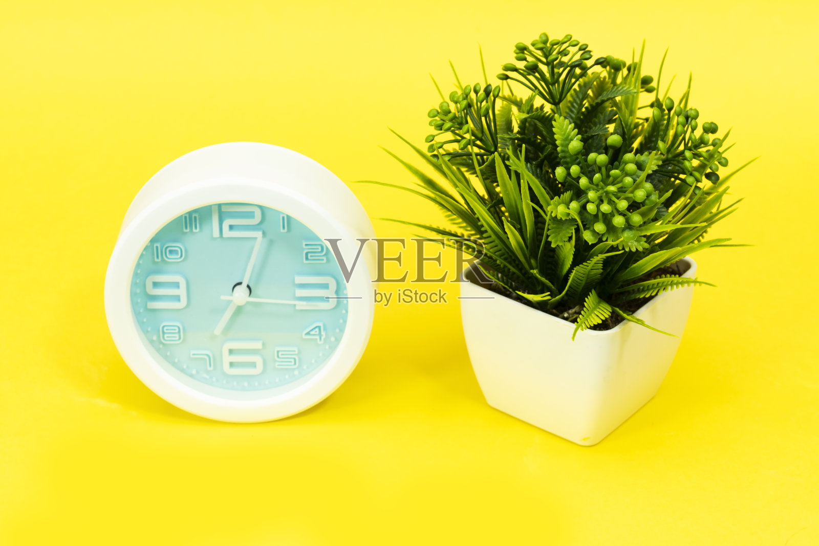 闹钟7点和盆栽植物隔离在黄色照片摄影图片