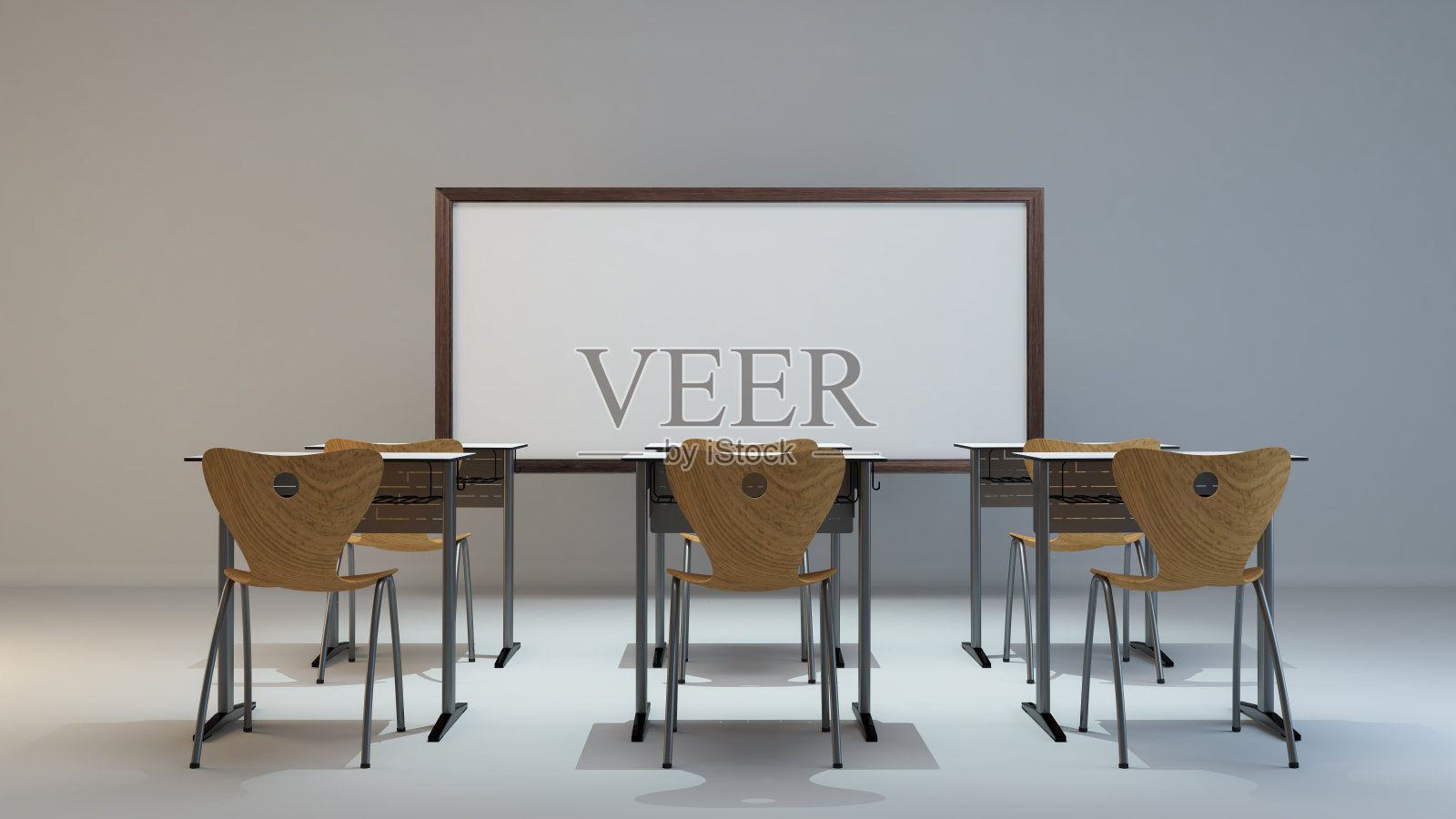空的现代教室概念与木制的桌子，椅子和白板3D渲染照片摄影图片