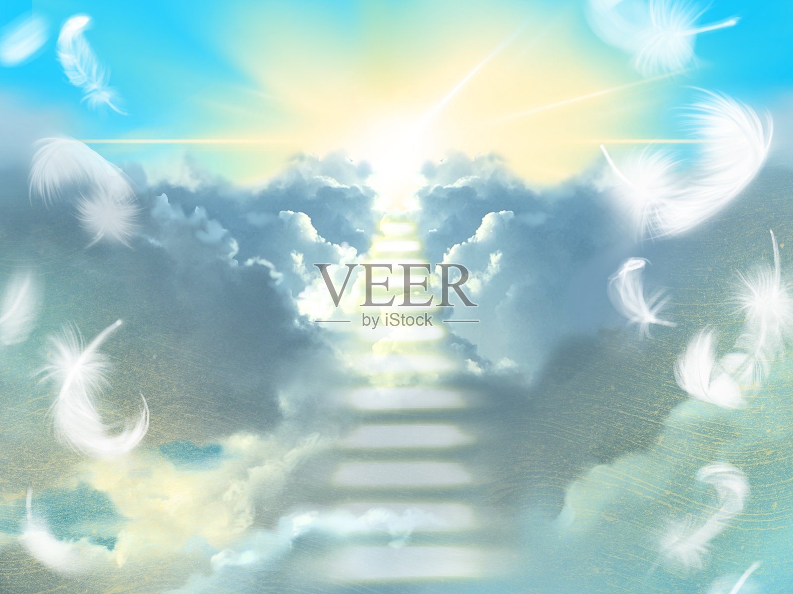 云景中的阶梯和飞翔的羽毛插画图片素材