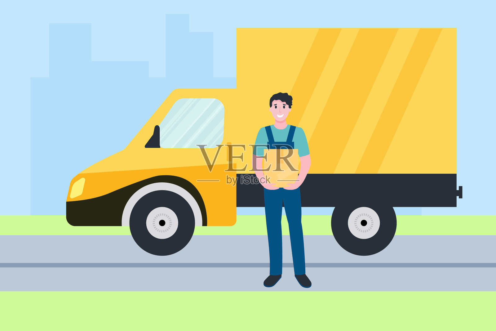 面带微笑的快递员，前面有个纸板箱插画图片素材