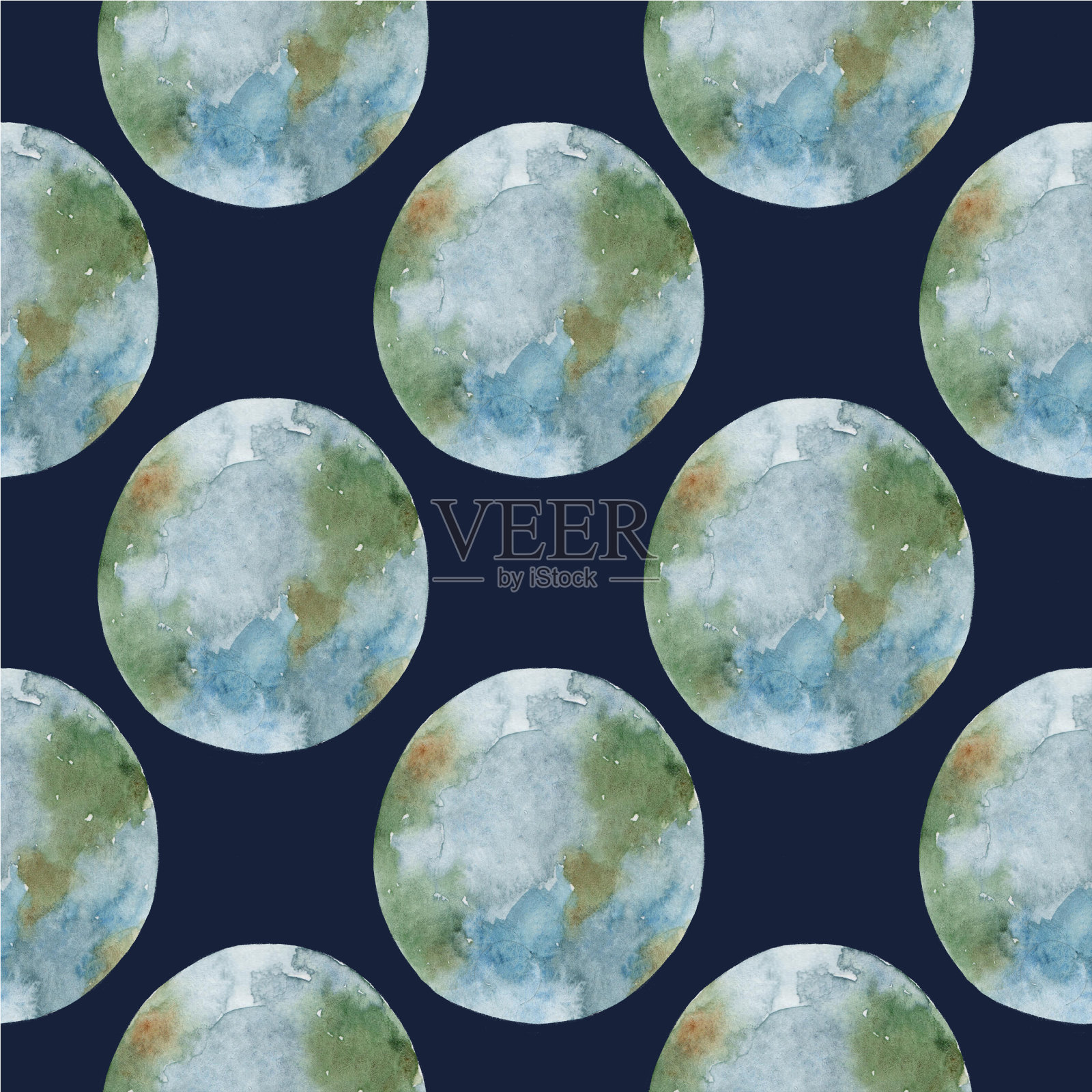 无缝模式与水彩画的星球地球在深蓝色的背景。插画图片素材