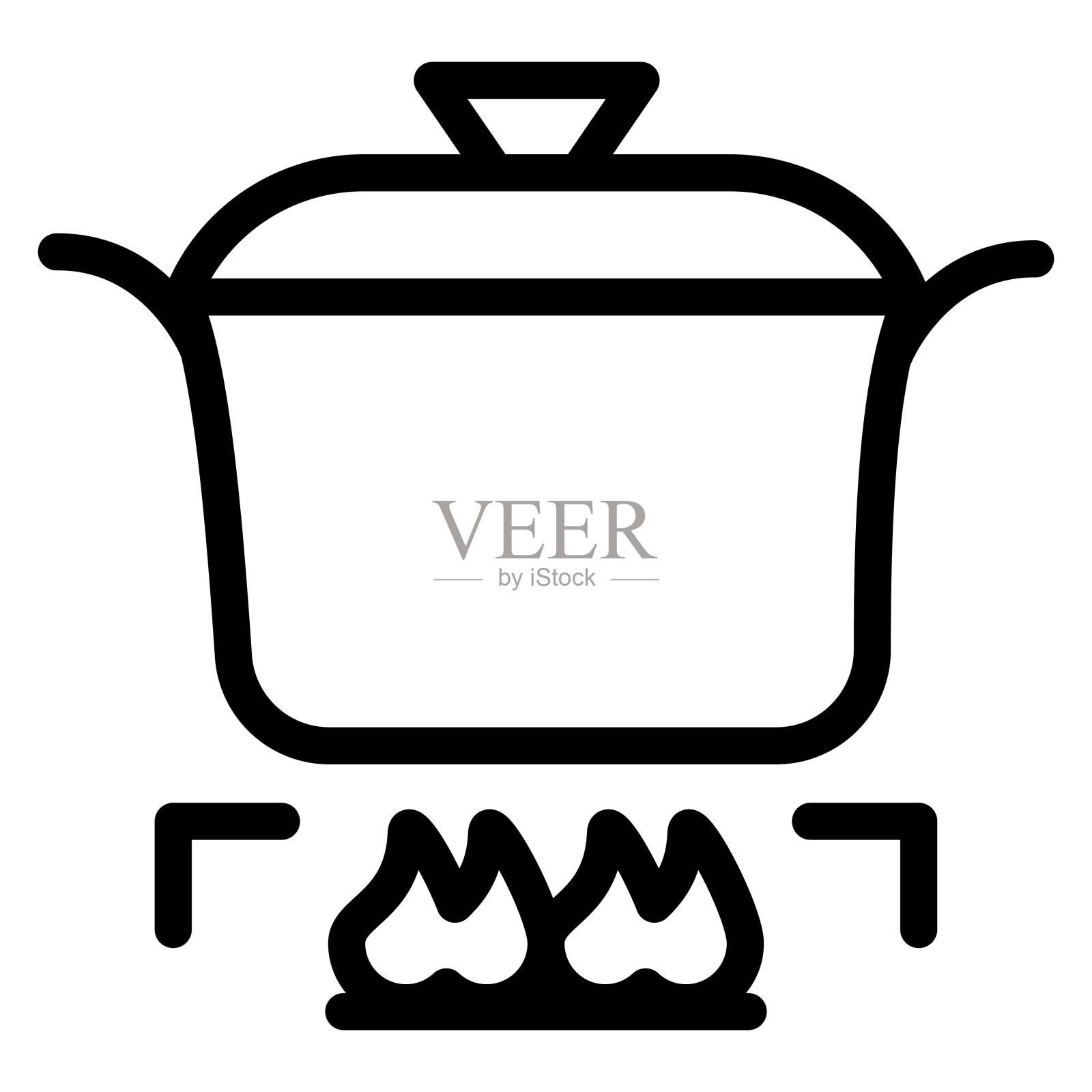 烹饪锅图标。厨房用具，锅上的烤箱符号。烹饪锅在炉子上的插图。插画图片素材