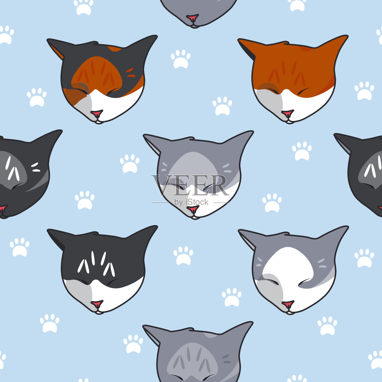 动物无缝图案:睡觉的猫在蓝色的背景爪印。用于纺织、织物和纸张。矢量插图在可爱的卡通风格插画图片素材