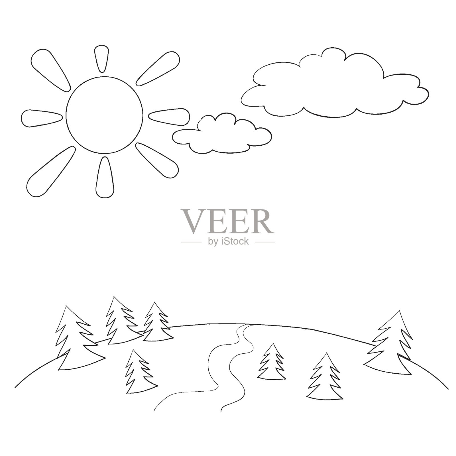素描，夏季景观与太阳，田野和树木，着色书，孤立的对象在白色背景，卡通插图，矢量，插画图片素材