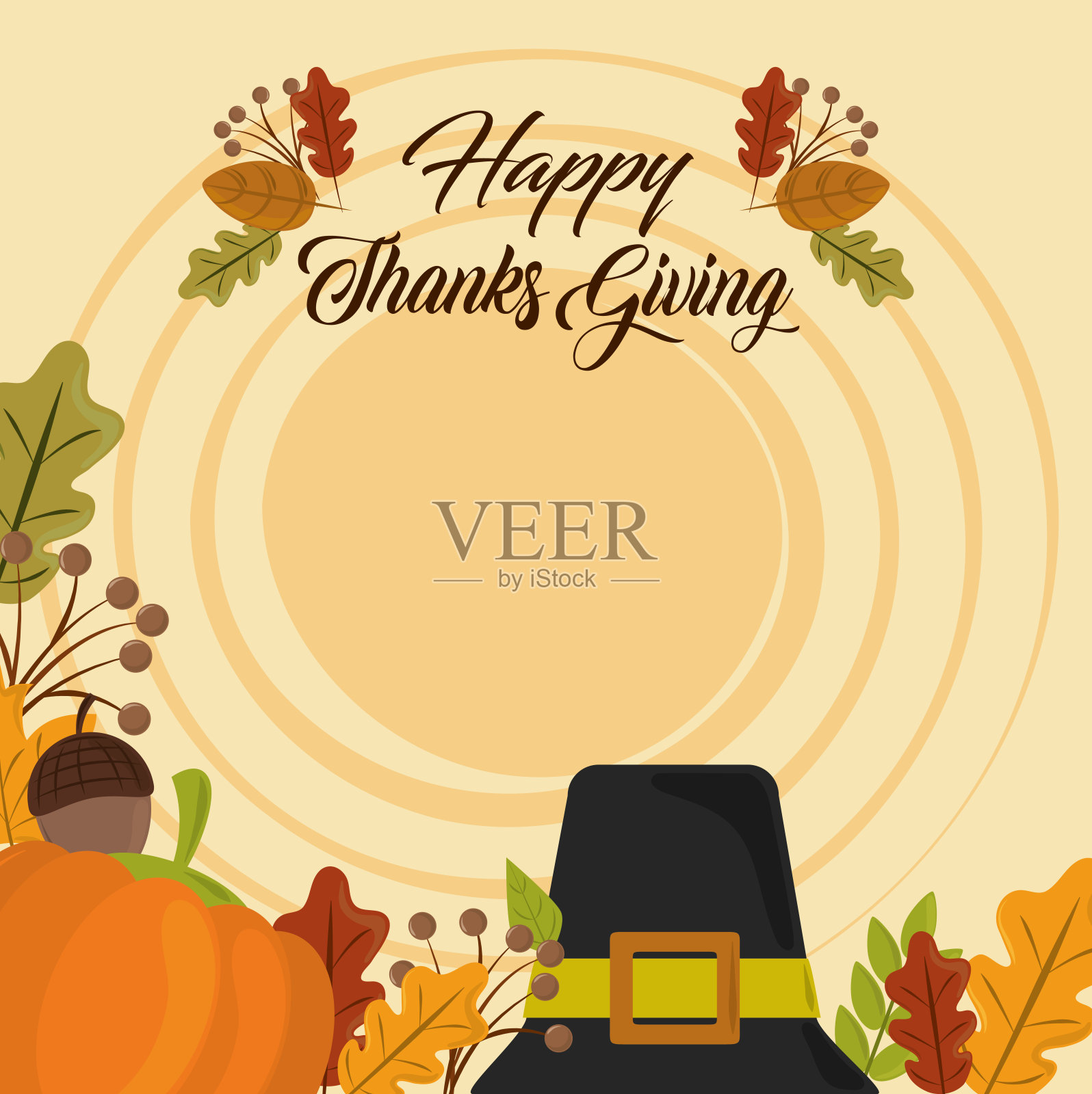 感恩节快乐，邀请卡帽南瓜和秋叶插画图片素材