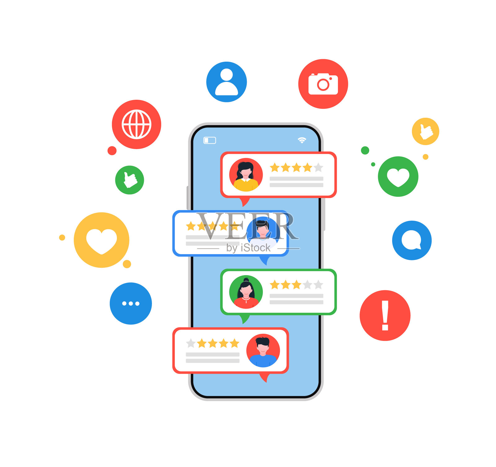 手机上的评论评级声誉网上泡沫或智能手机上的客户反馈评价。插画图片素材