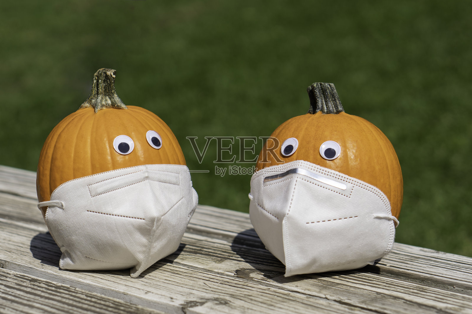 两个带面具的万圣节南瓜抵御covid - 19照片摄影图片