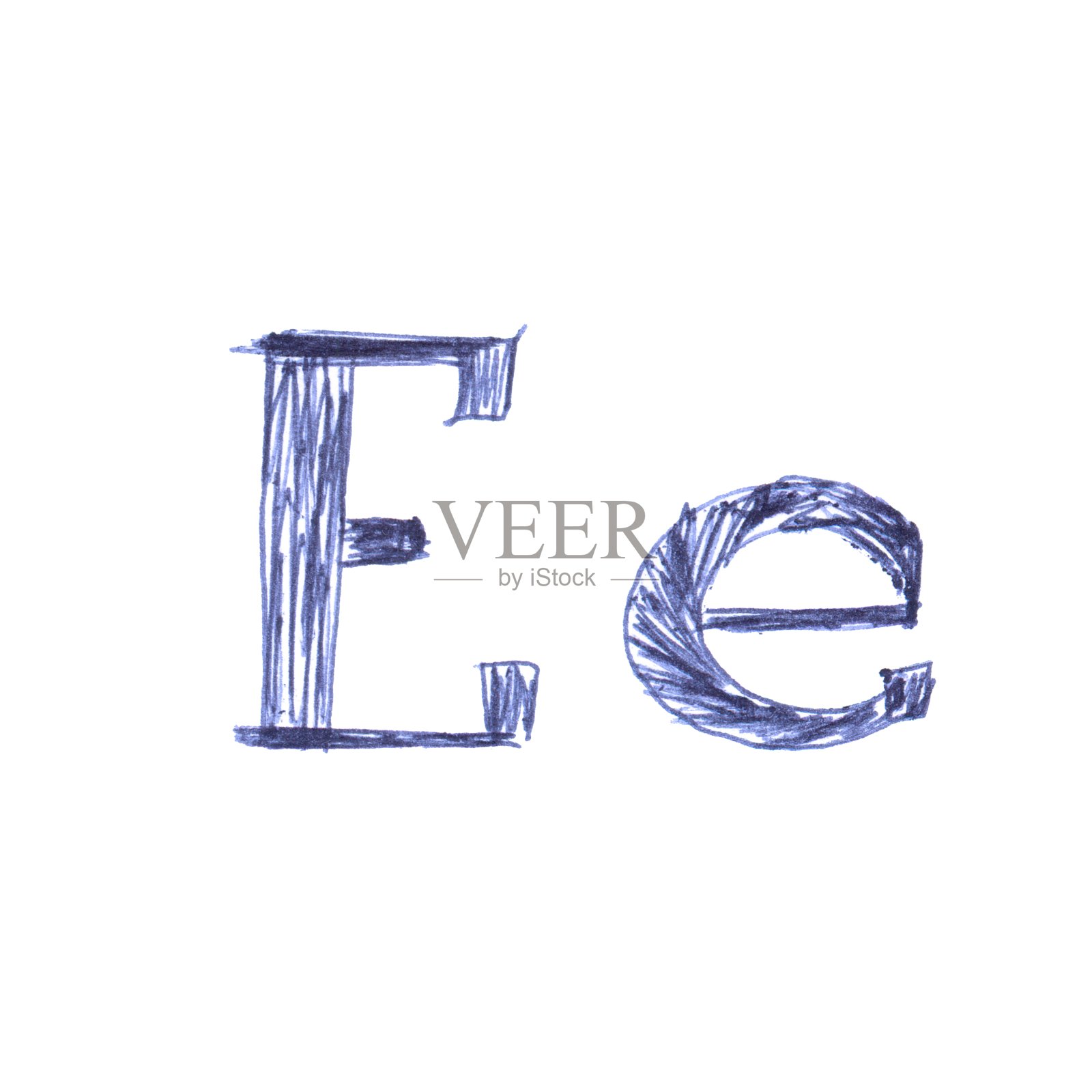 用蓝色圆珠笔手写的字母e。一个独特的字体。照片摄影图片