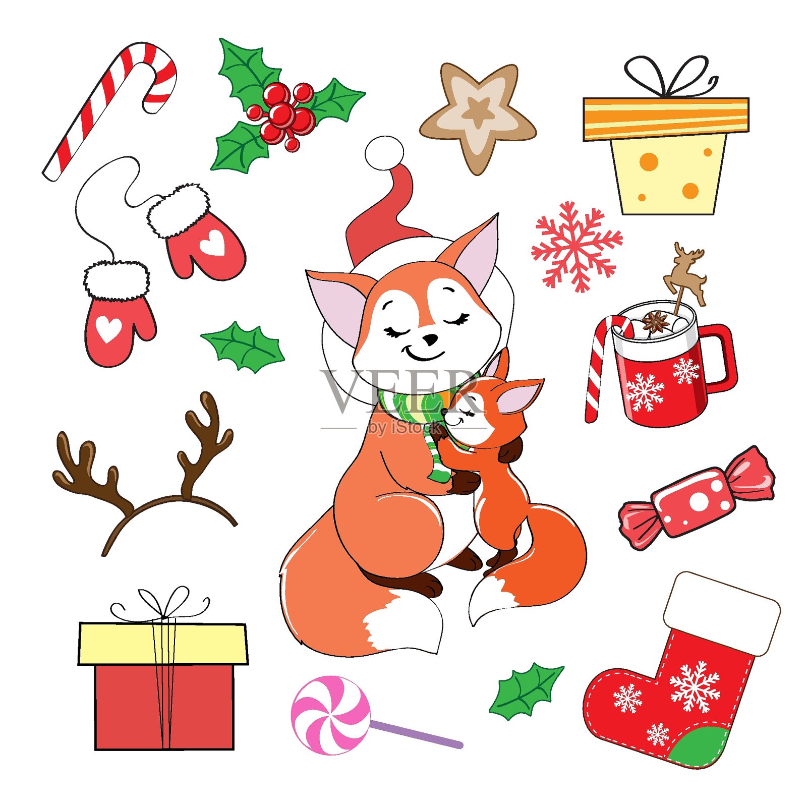 矢量插图与圣诞物品和狐狸在圣诞老人的帽子。新年集合插画图片素材