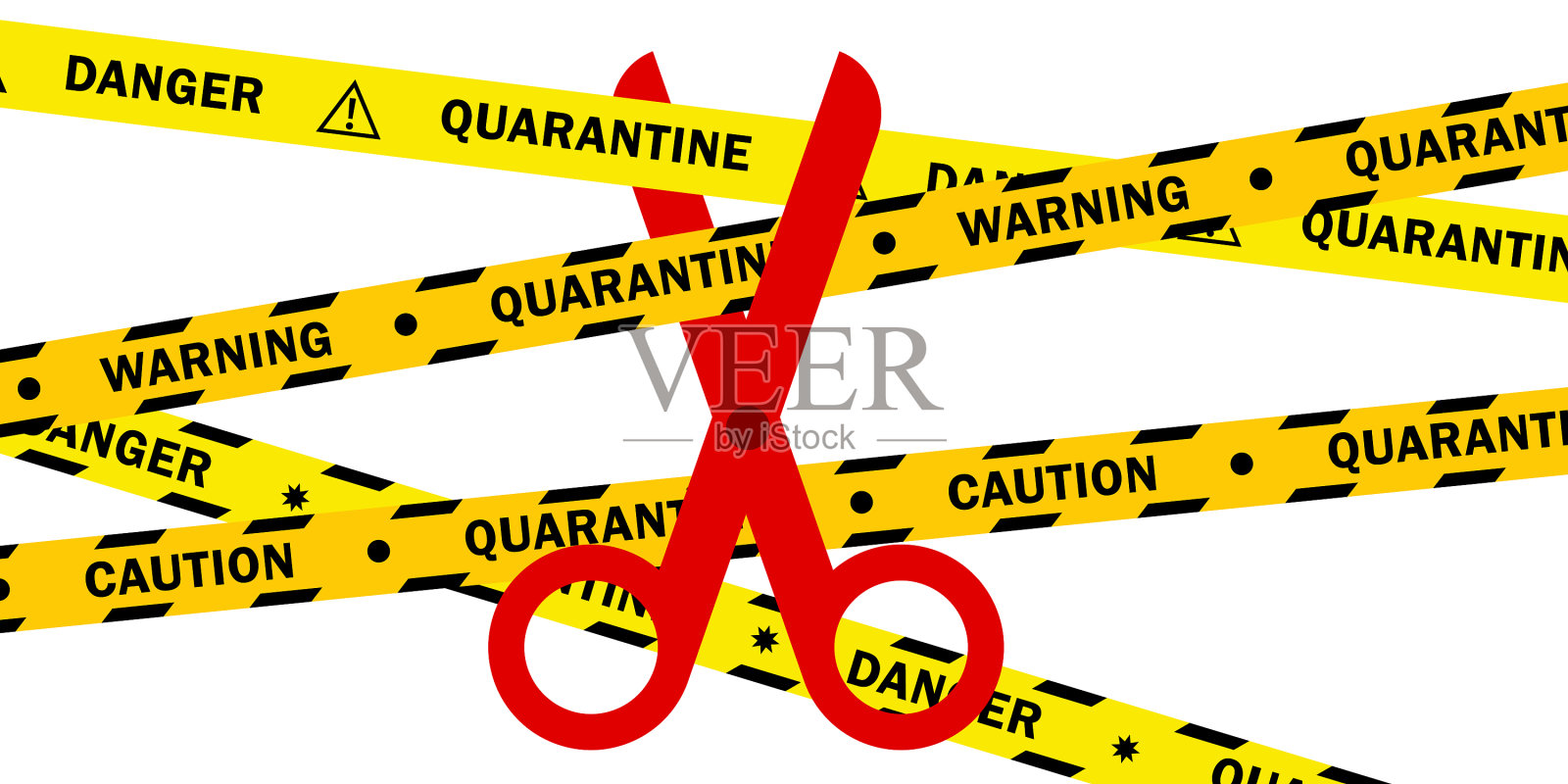 黄色检疫警告胶带和红色剪刀插画图片素材