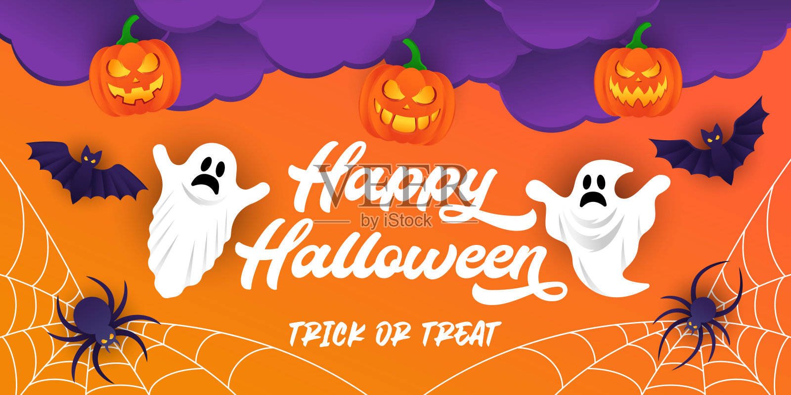 万圣节背景矢量插图设计模板。装饰万圣节矢量背景在时尚的卡通风格。万圣节快乐横幅，海报，贺卡或派对邀请背景设计模板素材