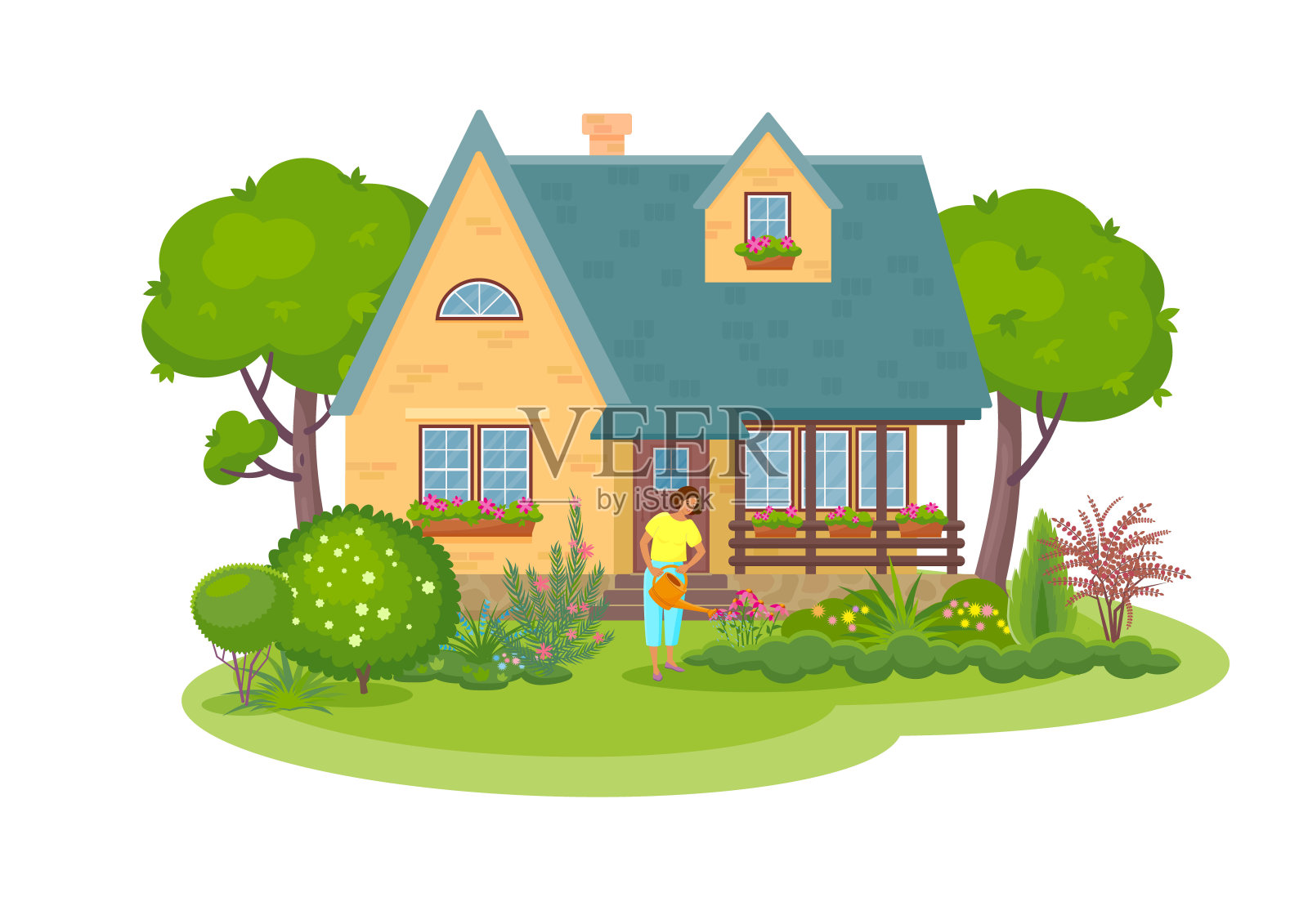 Сountryside景观与女人浇水植物。设计元素图片