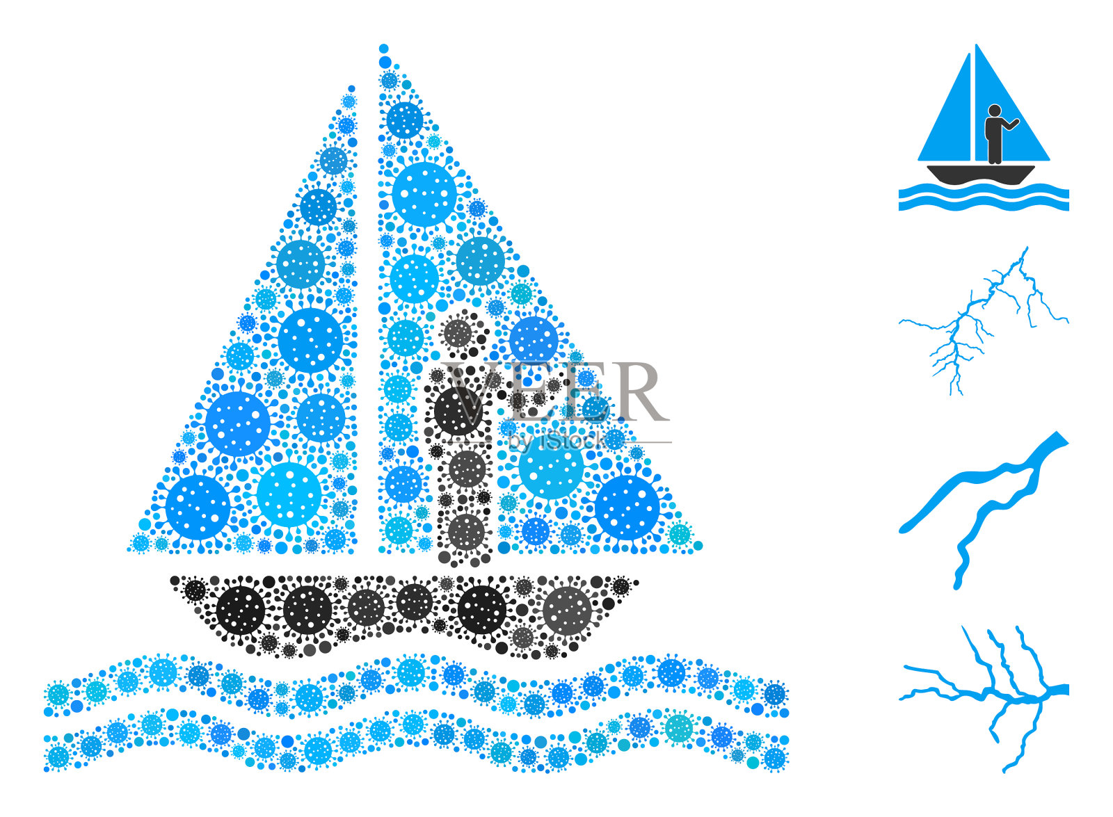 游艇上的马赛克冠状病毒图标插画图片素材