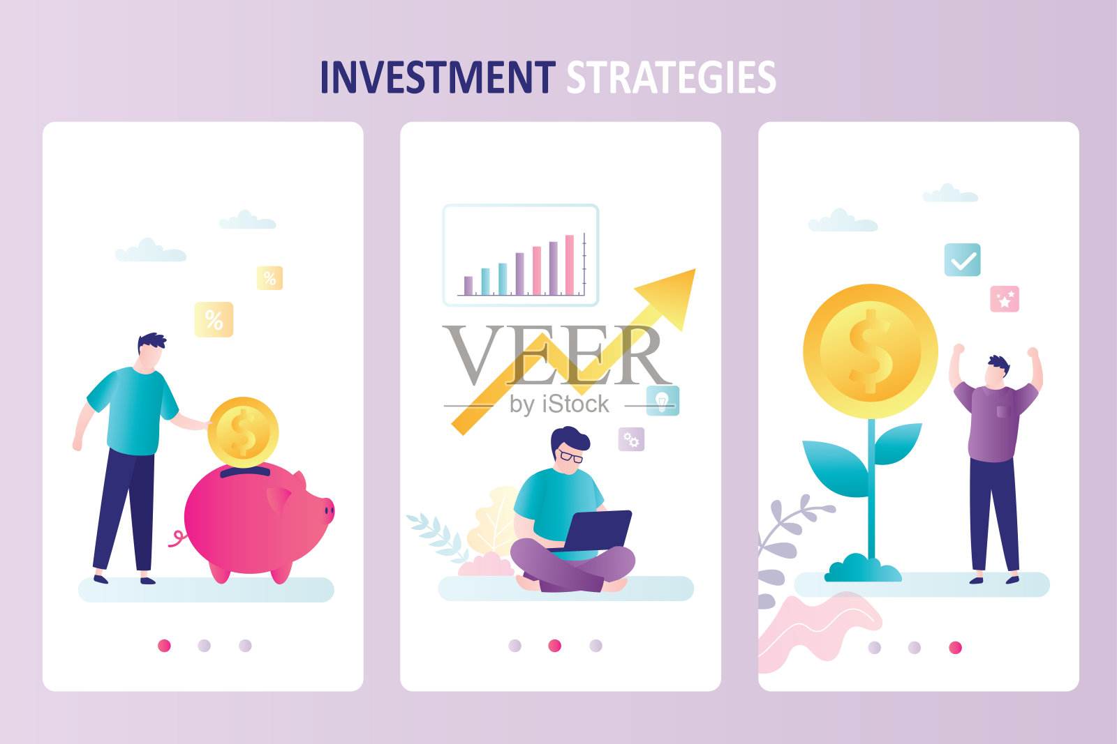 移动应用程序的三页模板集。投资策略，商人投资获利插画图片素材