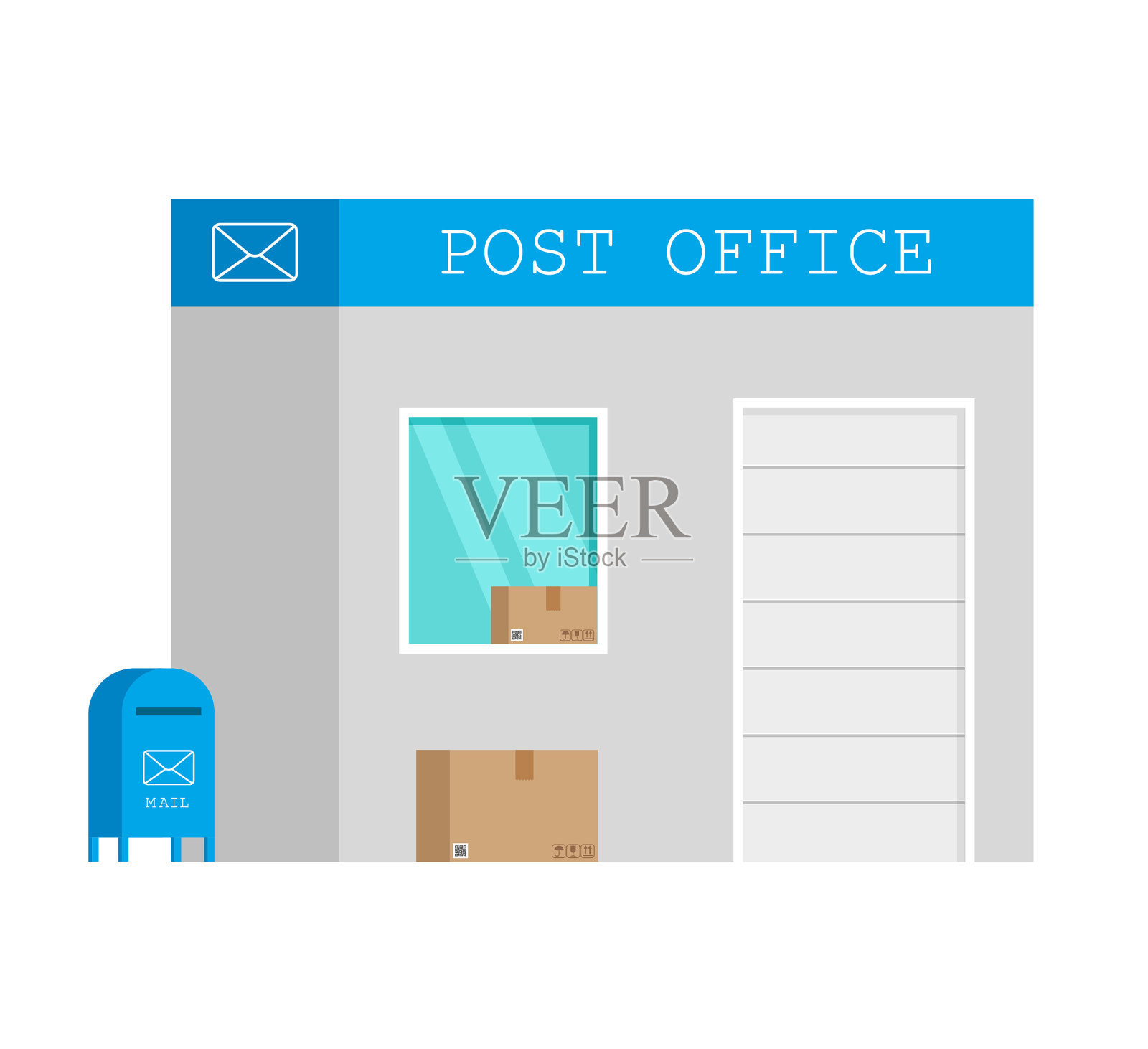 邮政大楼与邮筒采用新潮扁平卡通风格。插画图片素材