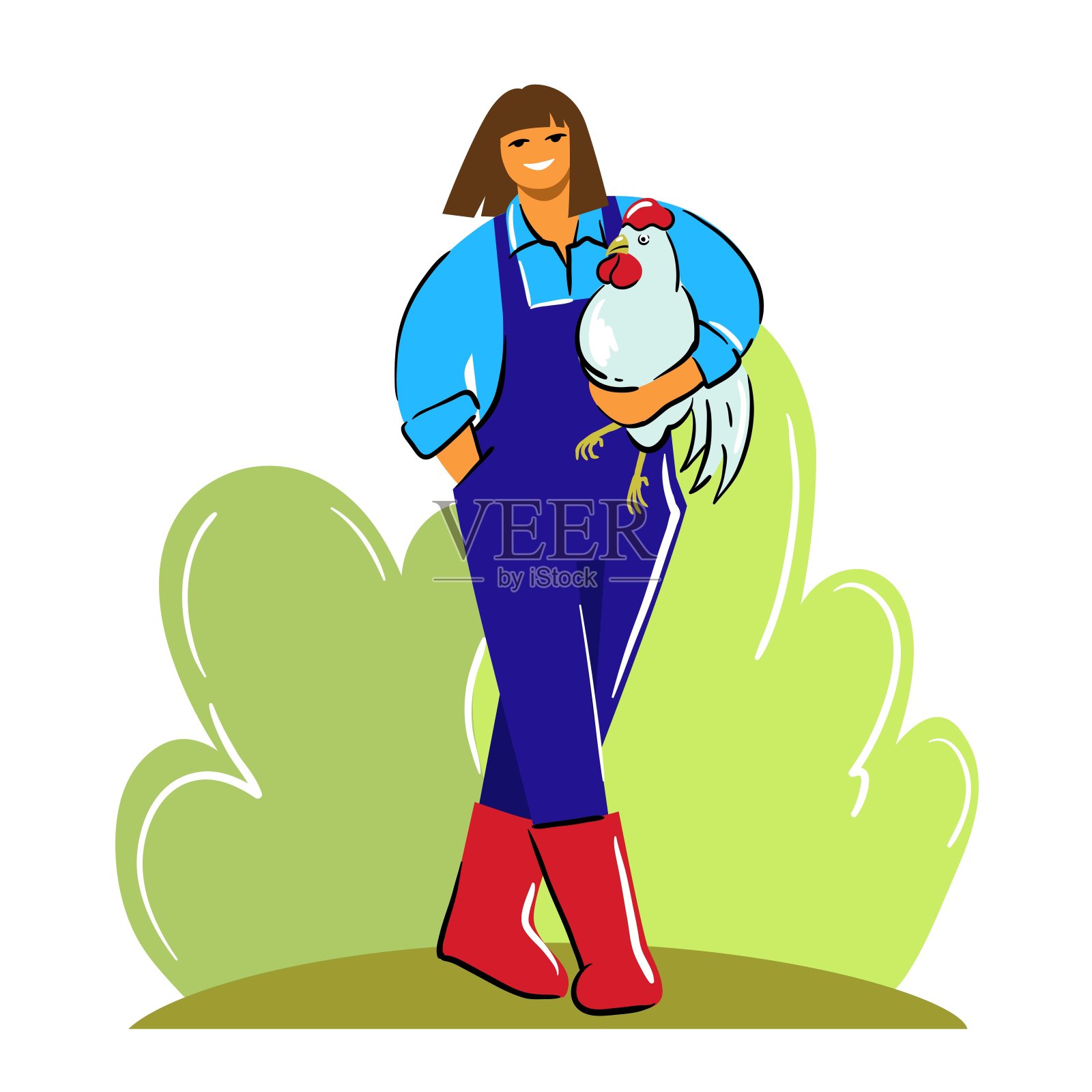 穿着工作服和胶靴的农妇微笑着手里拿着一只鸡。彩色插图插画图片素材