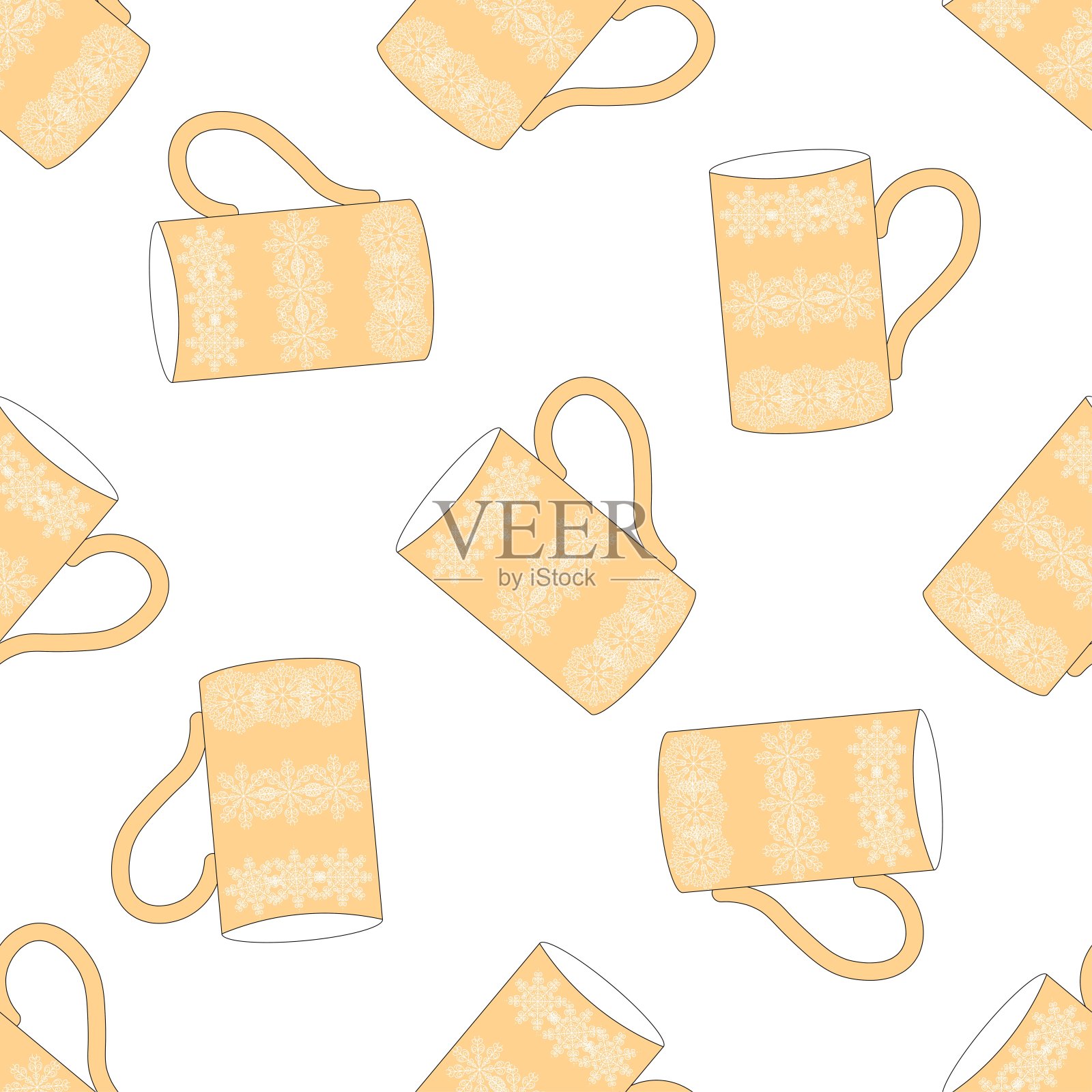无缝模式与轻粉彩杯与雪花在白色的背景。复古印花在平面风格的室内。库存插图装饰和设计，织物。插画图片素材