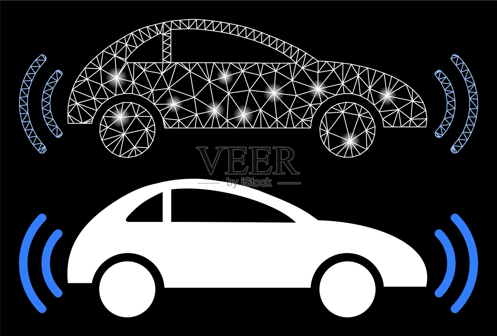 带有光点的明亮网格2d自动驾驶汽车插画图片素材